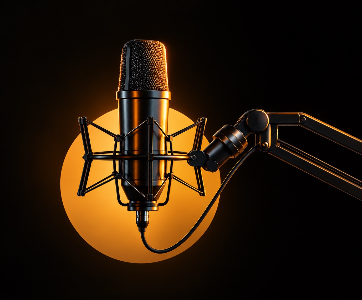 Studio microphone on a boom arm, lit in orange